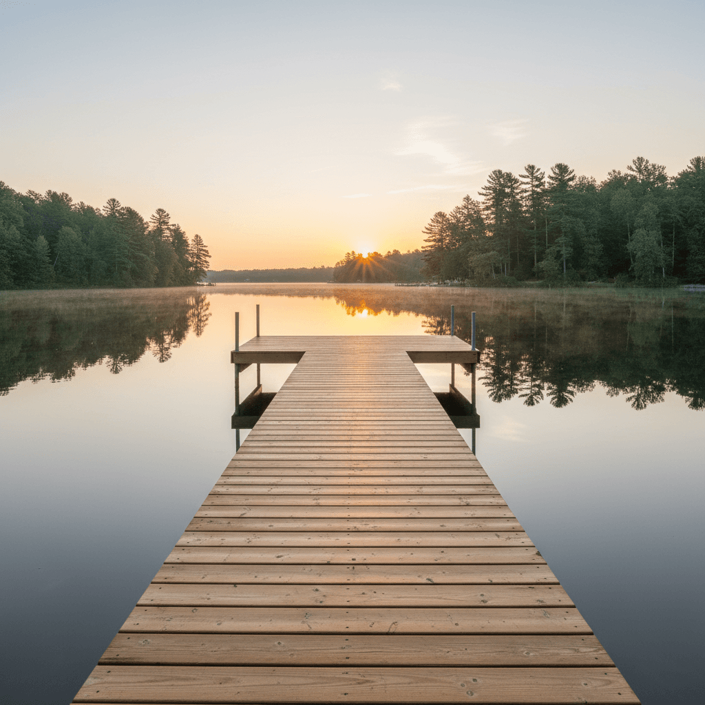 Clean residential dock extending into a tranquil lake at sunrise, showcasing pristine maintenance.