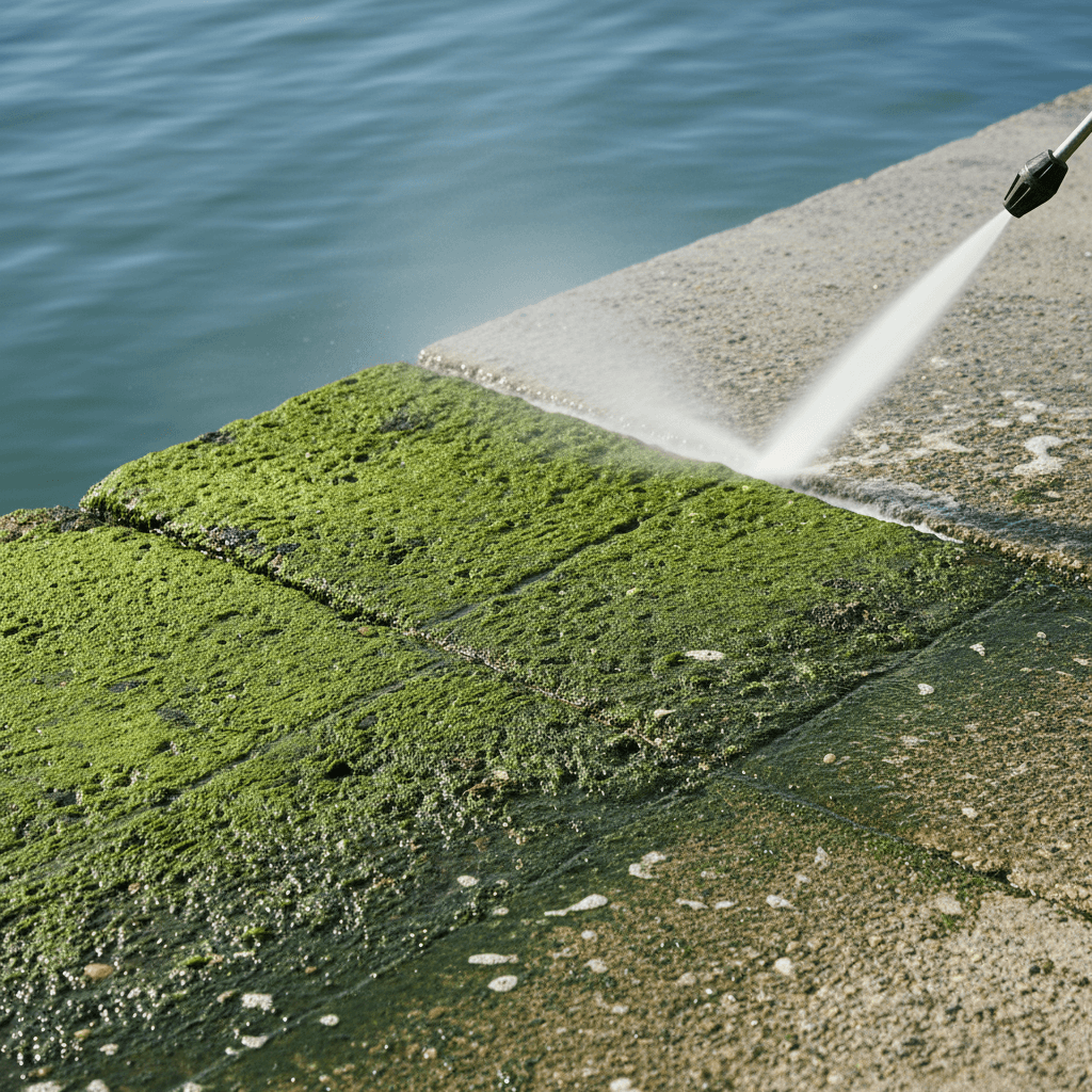 Dock with heavy algae buildup before cleaning