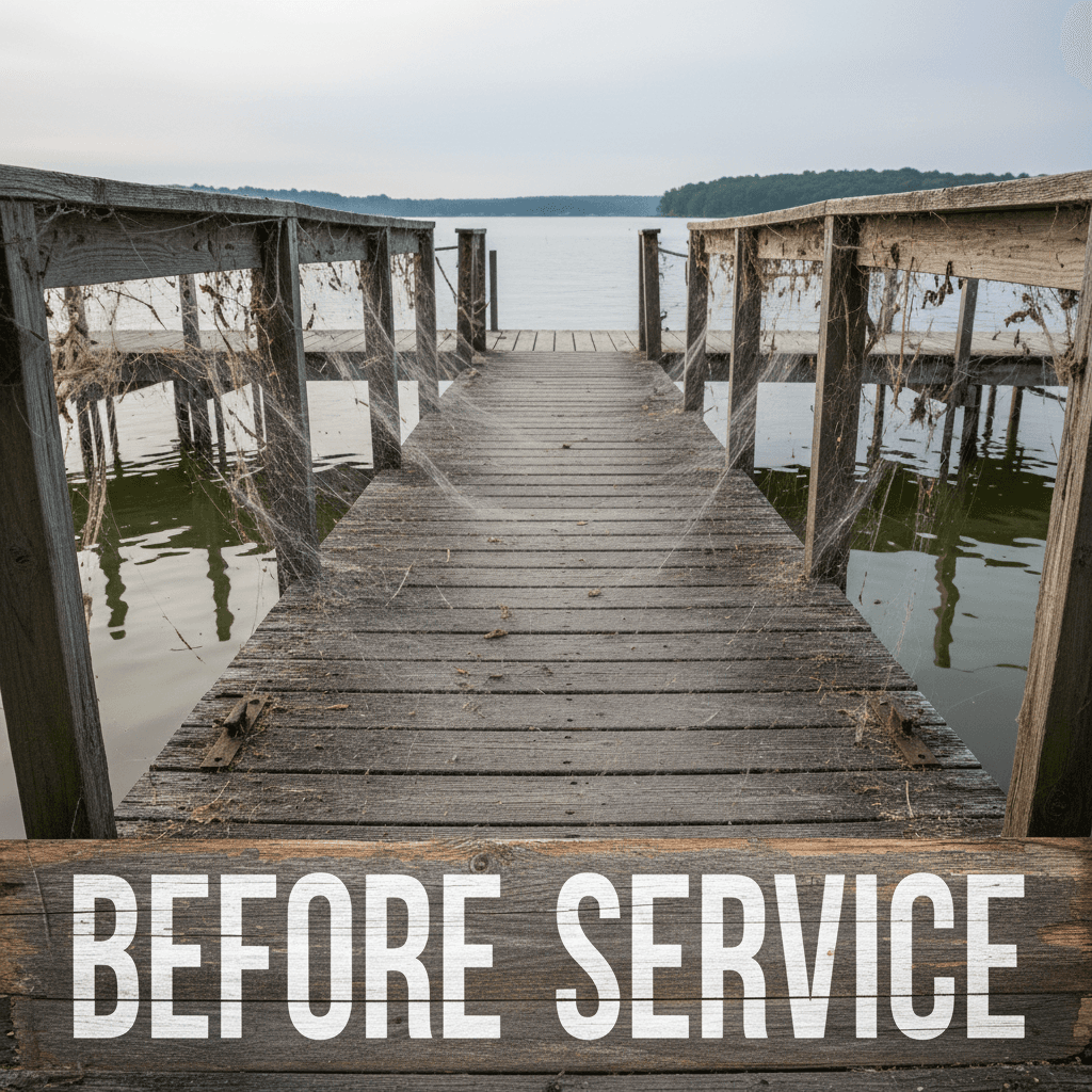 Weathered dock with debris before maintenance