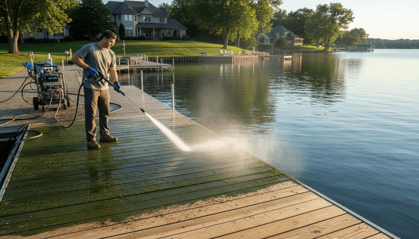 Pressure washing dock to remove algae and buildup