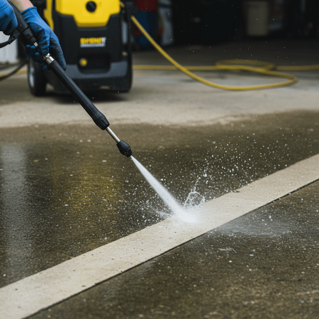 Professional pressure washing of dock surface removing algae
