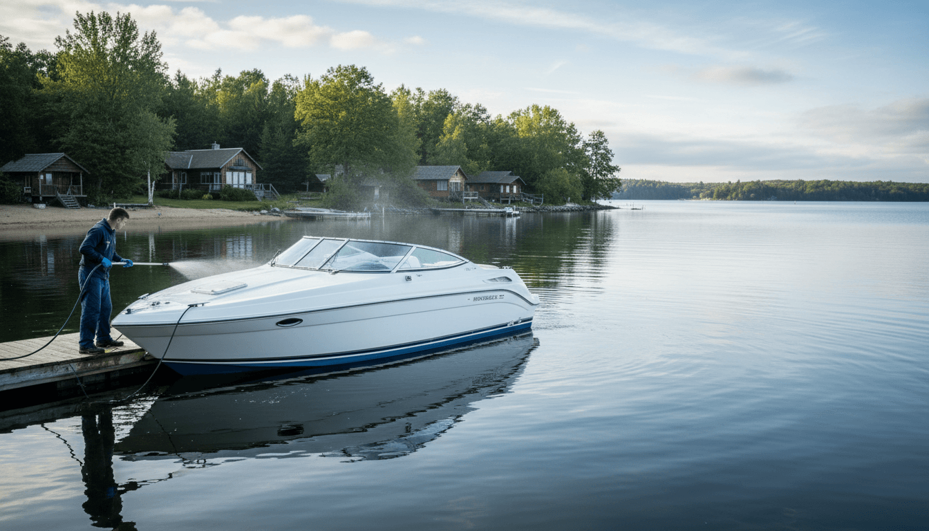 Completed dock cleaning project showing pristine concrete surface