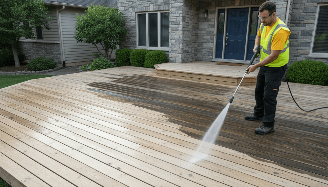 Technician in safety gear pressure washing wooden deck boards showing cleaned versus unwashed wood contrast on home exterior