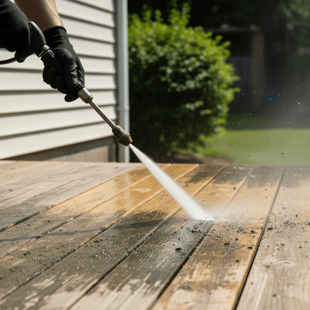 Professional pressure washing removing algae from concrete dock